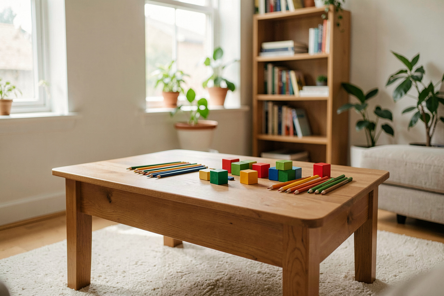 A low wooden coffee table in a living room with coloured pencils and building blocks on it, daylight from two windows, a bookshelf and houseplants behind, no readable text, medium shot.