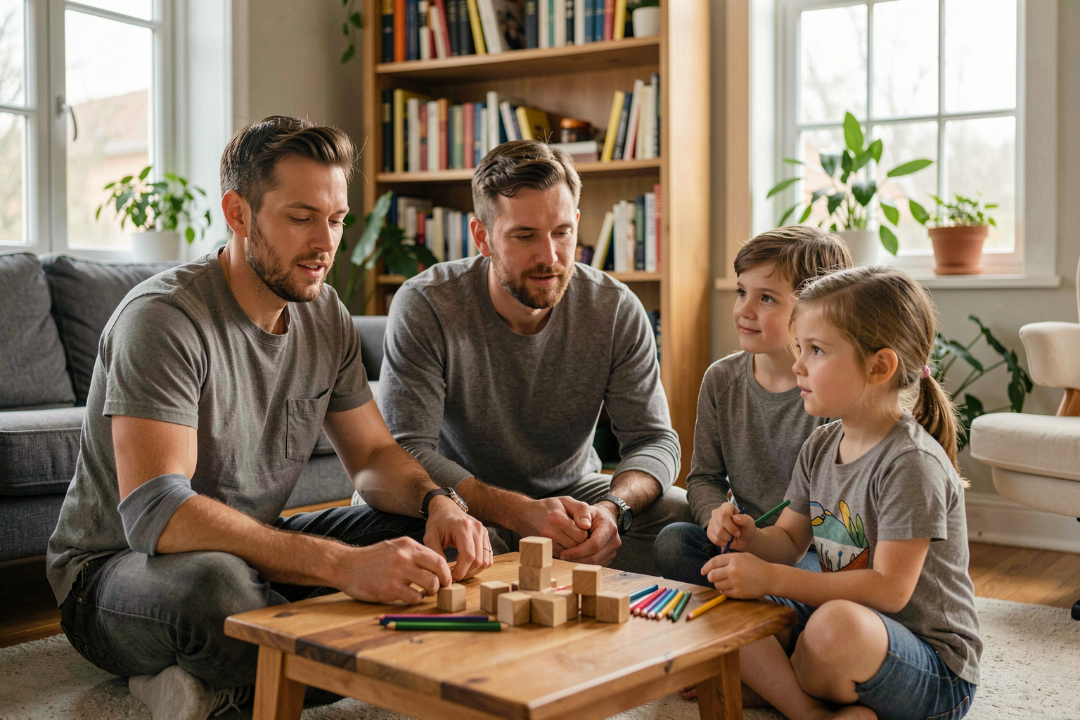 A father and three children sit on a living room floor with colored pencils and wooden blocks on a low table, daylight from two windows, bookshelf and houseplants behind them, medium wide shot.