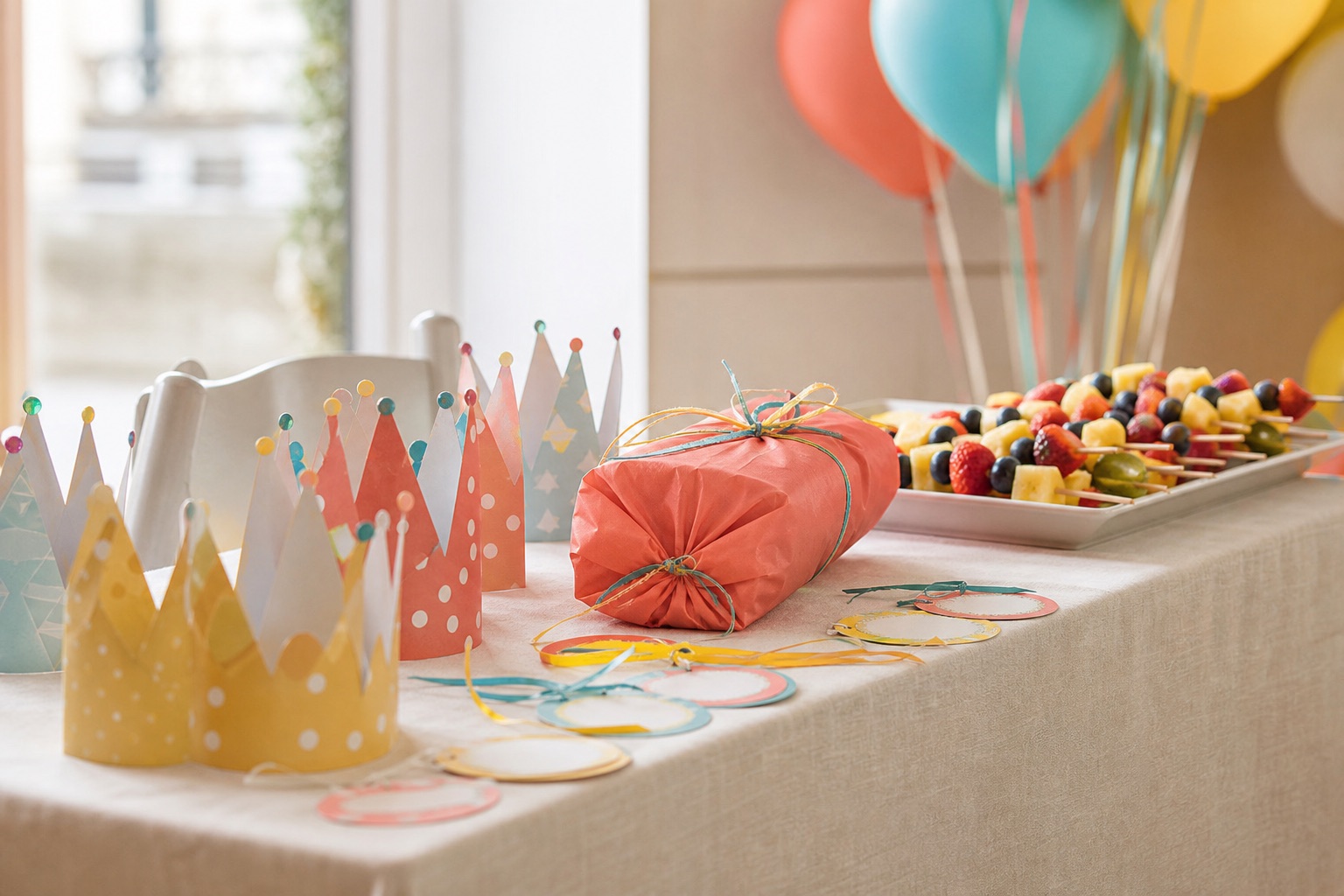 Birthday party table with paper crowns, a wrapped pass-the-parcel, fruit skewers and balloons on ribbons in the background