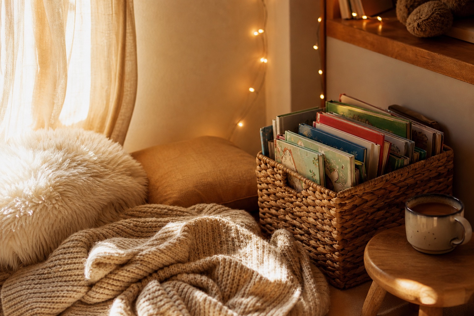 Cozy children's reading nook with a knitted blanket, cushions and a wicker basket full of colorful picture books under warm fairy lights
