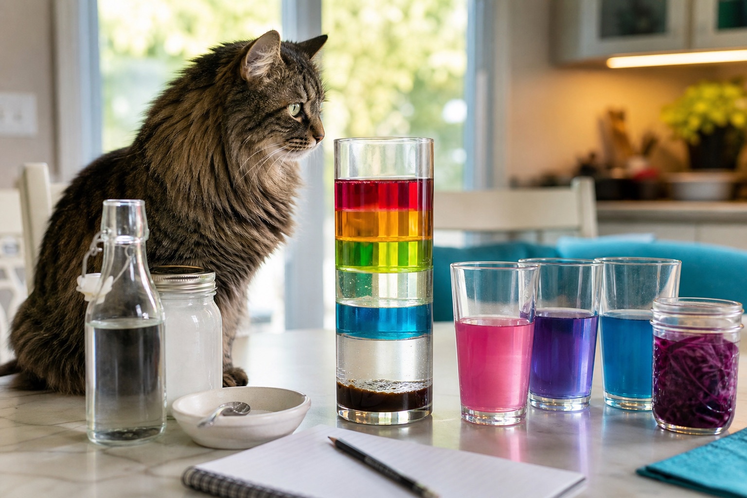 Home kitchen science station with glasses of layered colorful liquids, cups of red cabbage indicator and a small notebook